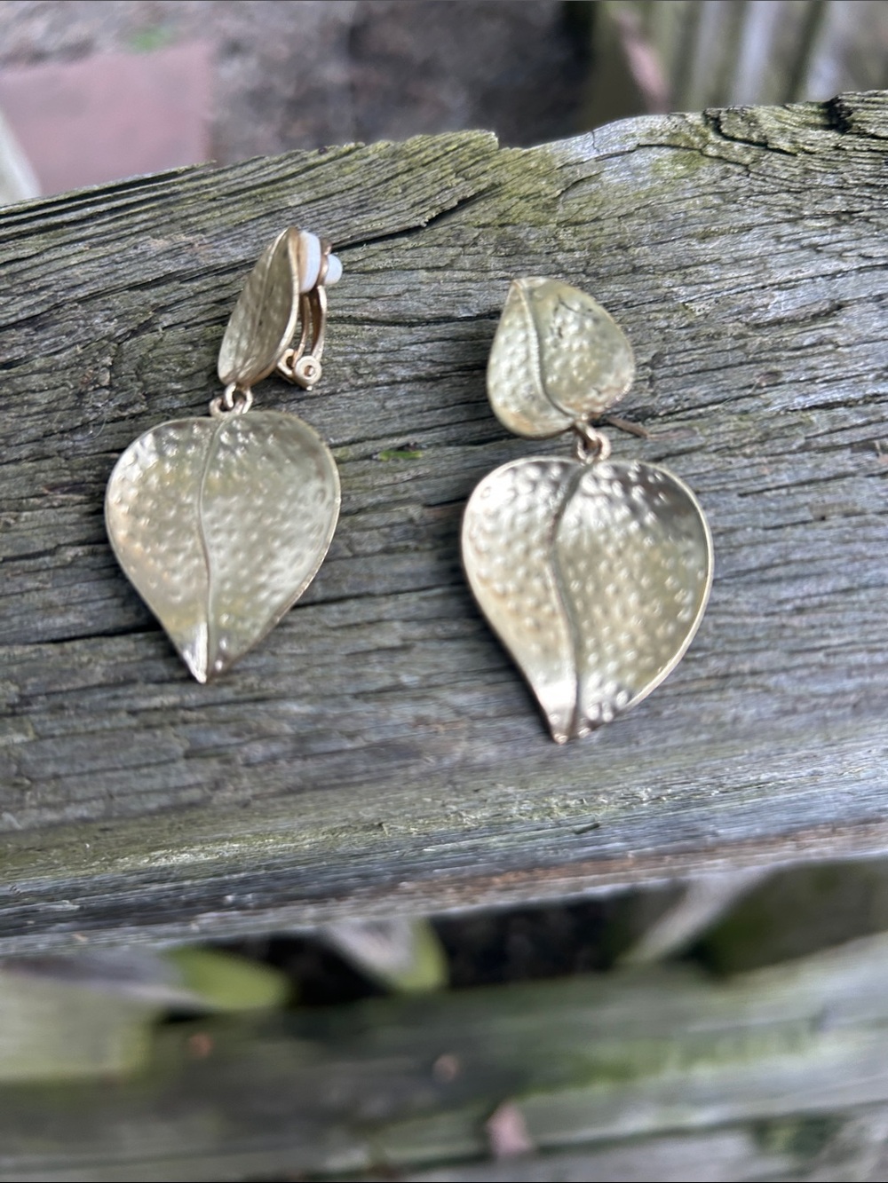 Hammered Gold Heart-Leaf Clip-On Earrings